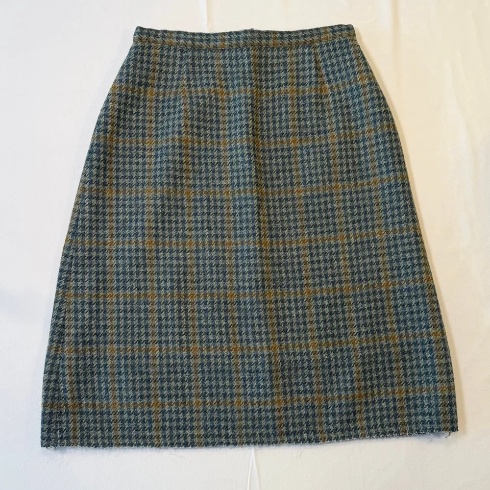 Vintage Plaid Skirt M Green Yellow A-Line Textured Academia Classic